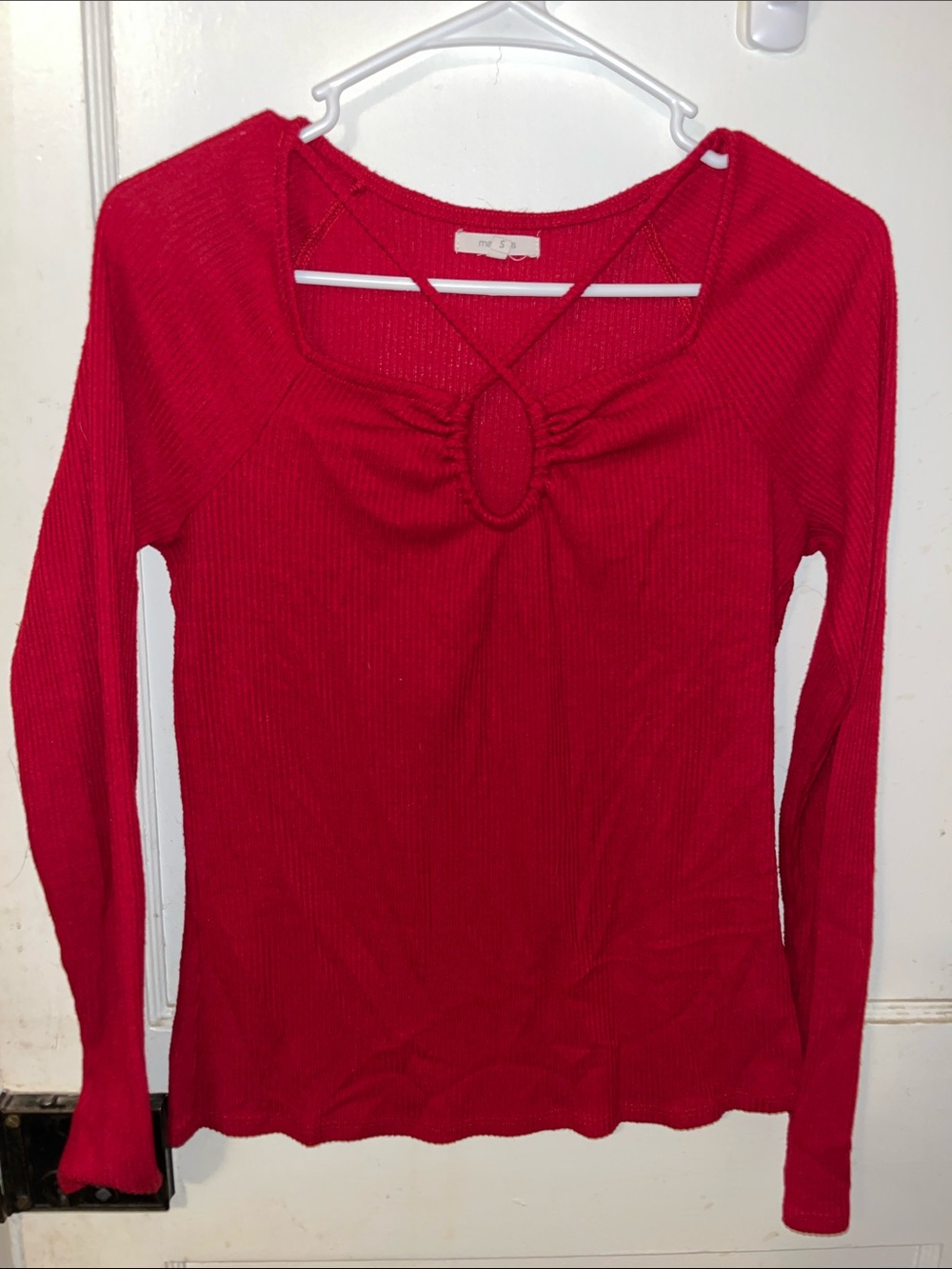 Maurices Red Long-Sleeve Ribbed Top with Front Keyhole